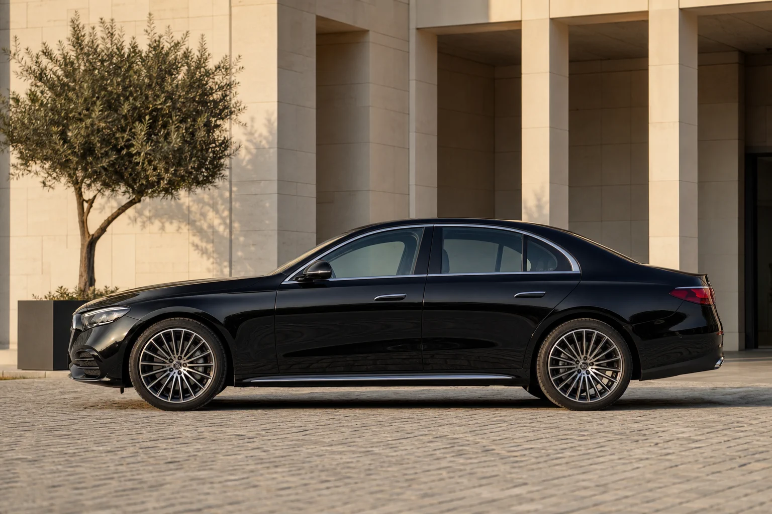 Black Mercedes-Benz E-Class, full exterior side profile, in a Nicosia limestone forecourt.