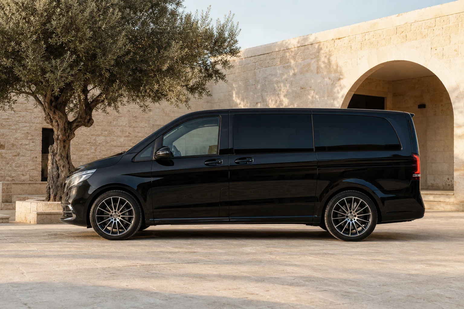 Black Mercedes-Benz V-Class, full exterior side profile, in an Ayia Napa limestone courtyard.