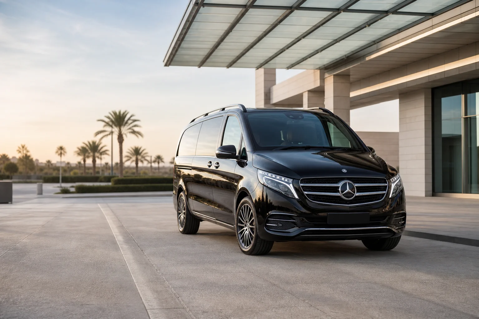 Black Mercedes-Benz V-Class, front three-quarter view, in an airport-style Cyprus forecourt.