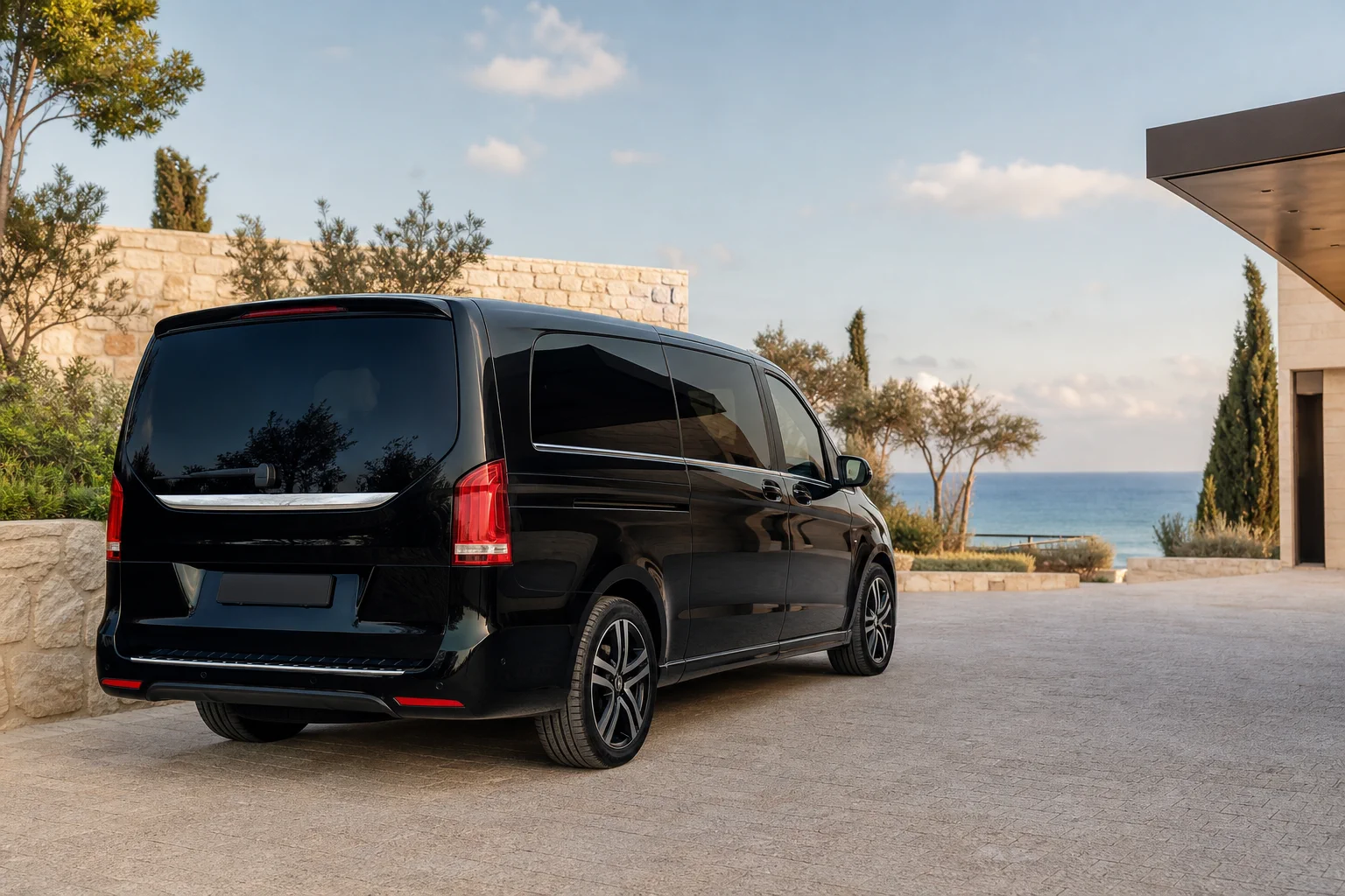 Black Mercedes-Benz V-Class near the Cyprus coast.